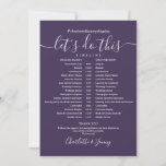 Purple Wedding Schedule Timeline Card<br><div class="desc">This stylish purple wedding schedule timeline can be personalized with your wedding details in chic lettering. Designed by Thisisnotme©</div>