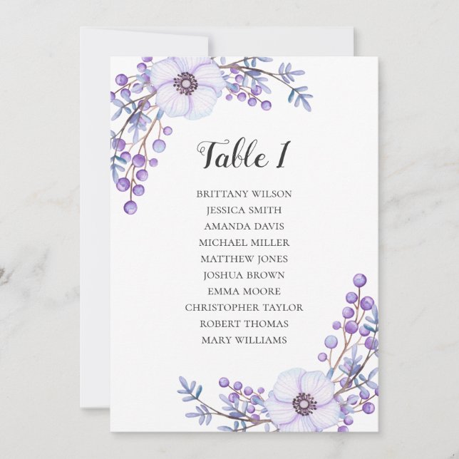 Purple wedding seating chart. Flowers table plan Invitation (Front)