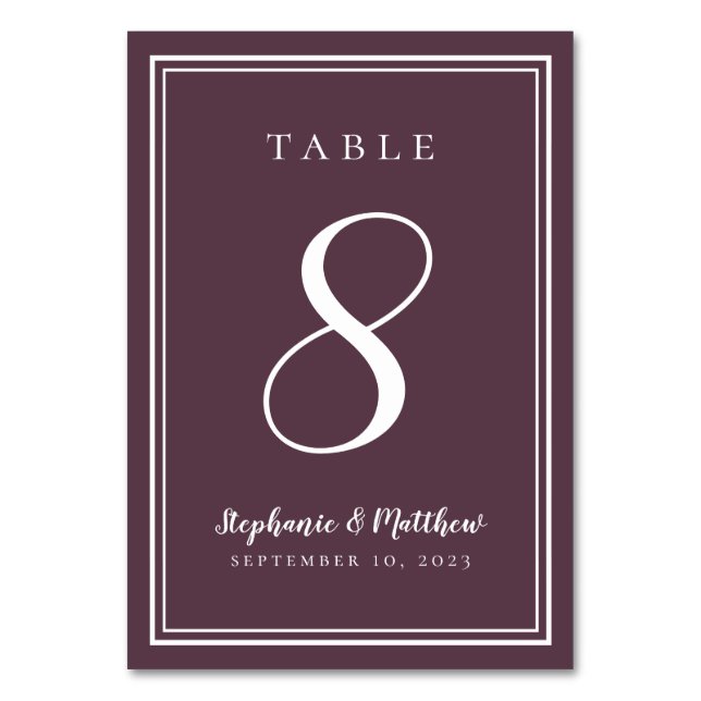 Purple Wedding Simple Modern Minimalist Elegant Table Number (Front)