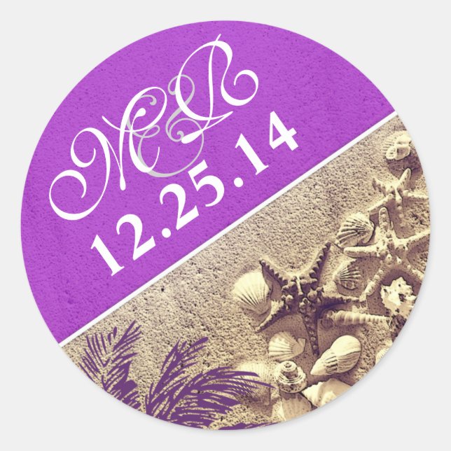 purple wedding sticker with palm seashell monogram (Front)