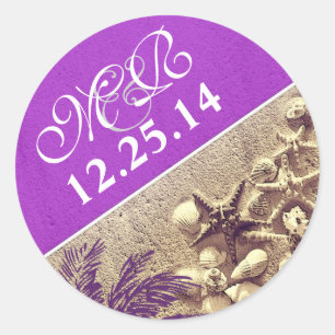 purple wedding sticker with palm seashell monogram