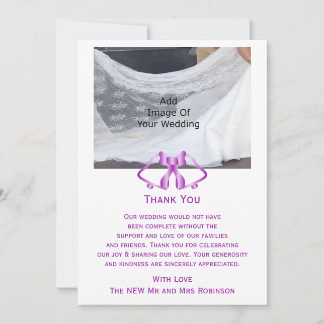 Purple Wedding Thank You Card Bells And Ribbon (Front)