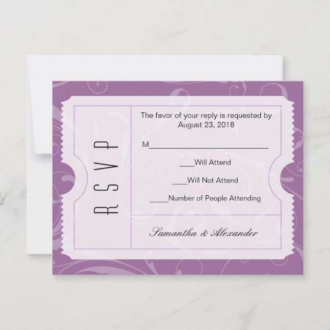 Purple Wedding Ticket RSVP Card (Front)