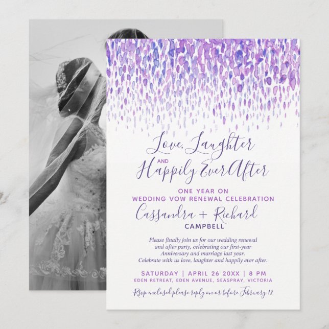 Purple wedding vow renewal 1 year on happily after invitation (Front/Back)