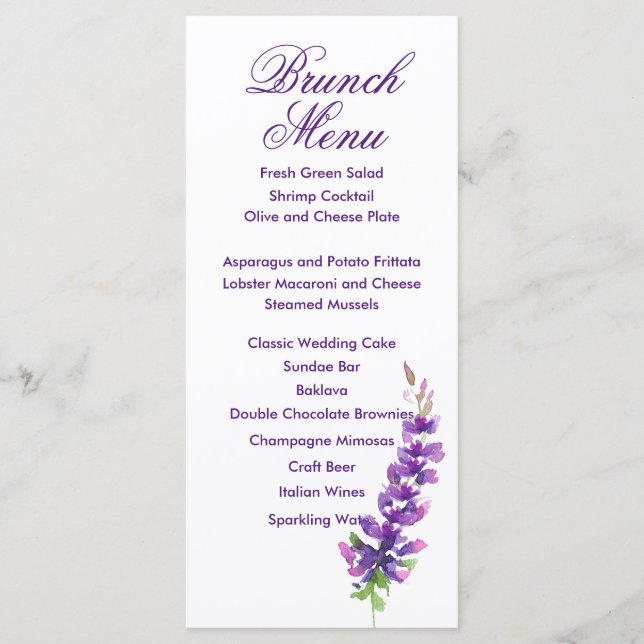 Purple Wedding Watercolor Lavender Menu Card (Front)