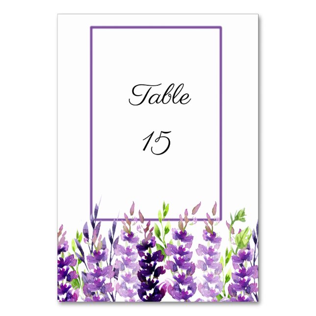 Purple Wedding Watercolor Lavender Table Cards (Front)