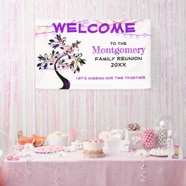 Purple Welcome Family Reunion Tree Lights Banner (Party)