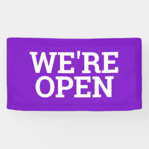Purple we're open template business banner sign