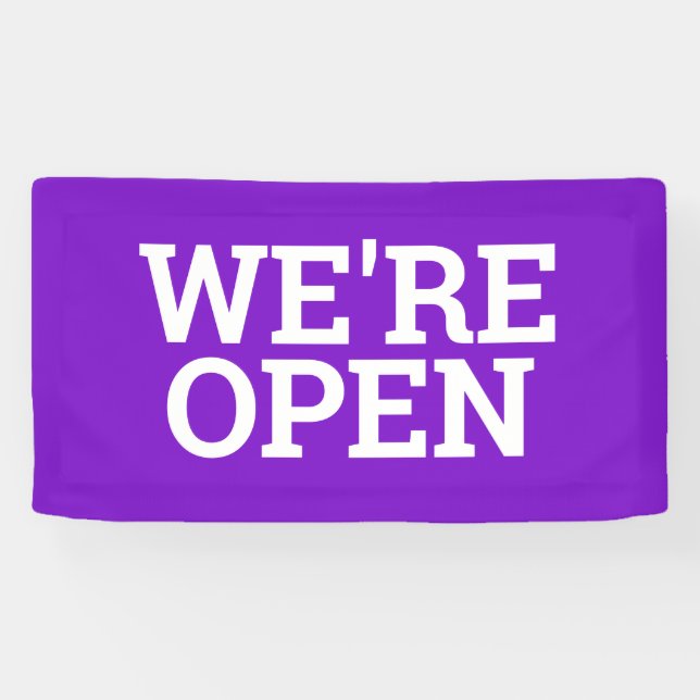 Purple we're open template business banner sign (Horizontal)