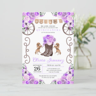 Purple Western Charra Floral Boots Quinceañera Invitation