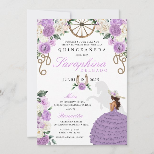 Purple Western Cowgirl Ropes & Roses Quinceañera Invitation (Front)