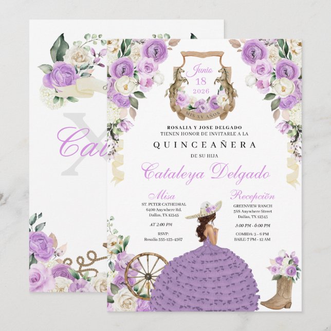 Purple Western Fiesta Charro Quinceañera Invitation (Front/Back)
