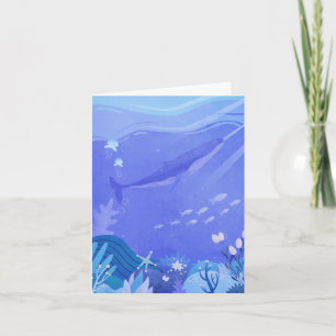 Purple whale under the sea creatures watercolor card