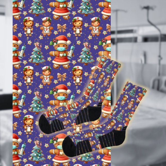 Purple Whimsical Christmas Gingerbread Girl Nurse  Socks (Creator Uploaded)