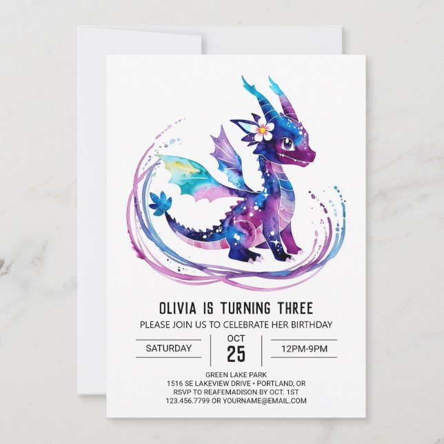 Purple Whimsical Dragon Digital Girl Birthday Invitation (Front)