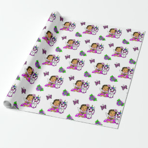 Purple Whimsical Fairy, Flowers, Butterflies Wrapping Paper