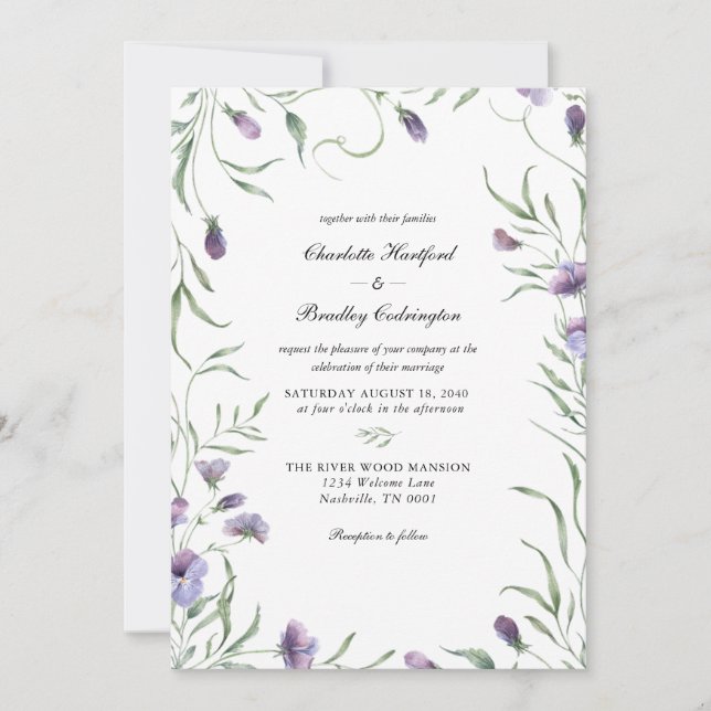Purple Whimsical Floral Wedding  Invitation (Front)