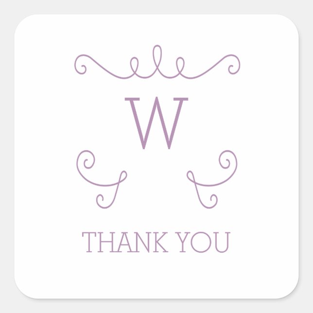 Purple Whimsical Flourish Monogram Thank You Square Sticker (Front)
