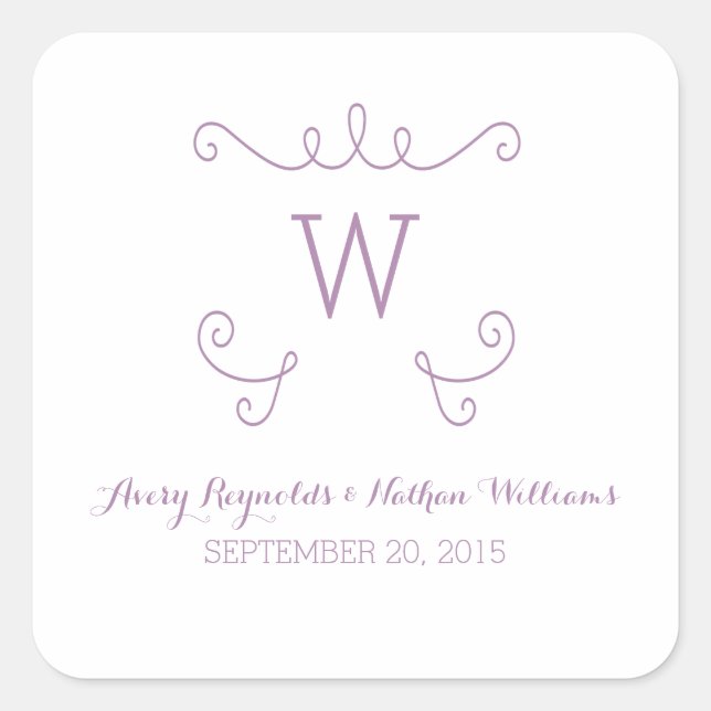 Purple Whimsical Flourish Monogram Wedding Square Sticker (Front)