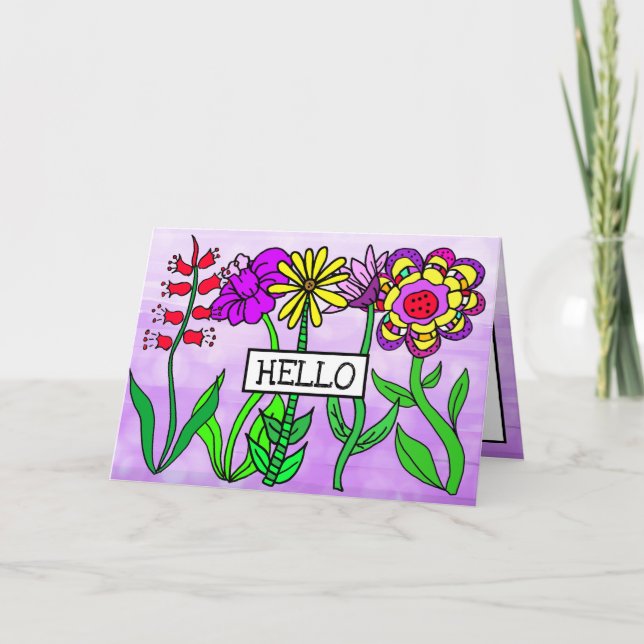 Purple Whimsical Hello and Thinking About You Card (Front)