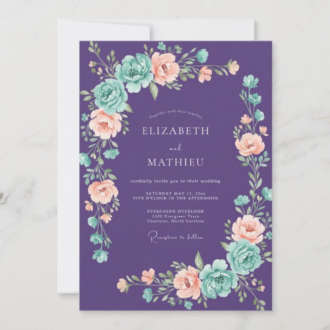 Purple Whimsical Rose Wedding Invitation (Front)