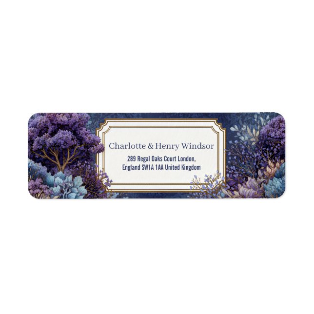 Purple Whimsical Tree Gilded Scalloped Landscape Return Address Label (Front)