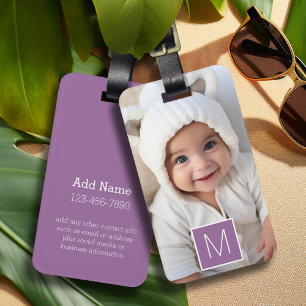 Purple White 1 Photo Collage Custom Monogram Luggage Tag