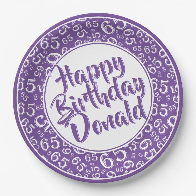 Purple/White 65th Random Number Pattern Paper Plate (Front)