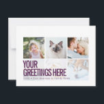 Purple White 6 photos Modern Universal Greetings Postcard<br><div class="desc">Personalised purple white 6 family photos Modern and Sharp Universal Greetings Postcards featuring a stylish photo collage with 6 customised images, your greetings message in bold and eyecatching modern sans serif font, your name, date, year, message on the back in a minimal typographic and cool sans serif font. Black and...</div>