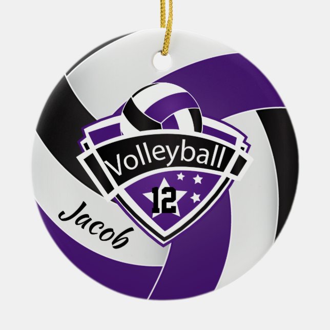 Purple, White and Black Volleyball Ceramic Ornament (Front)