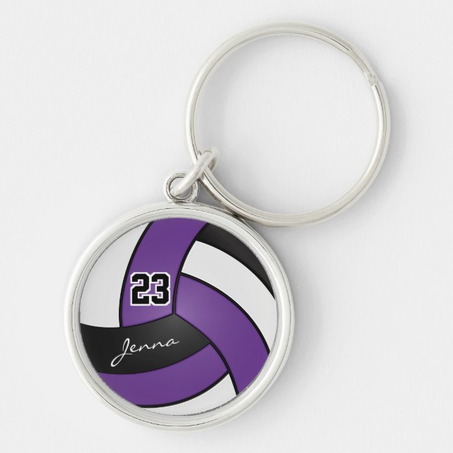 Purple, White and Black Volleyball - Customise Key Ring (Front)