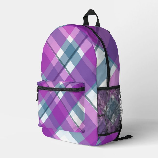 Purple, White and Blue Plaid Printed Backpack (Back Corner Right)
