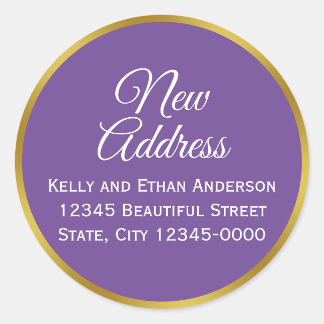 Purple, White and Faux Gold New Address Classic Round Sticker (Front)