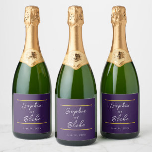 Purple, White and Gold Bride & Groom Wedding Sparkling Wine Label