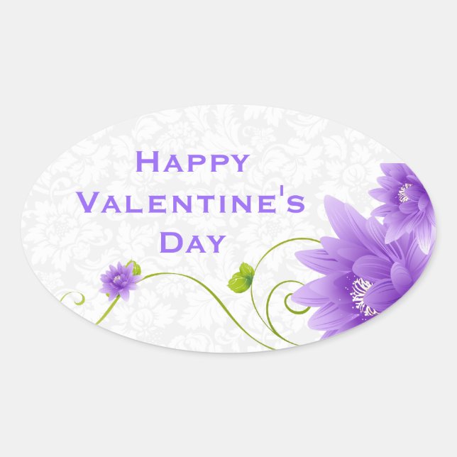 Purple White And Green Floral Illustration Oval Sticker (Front)