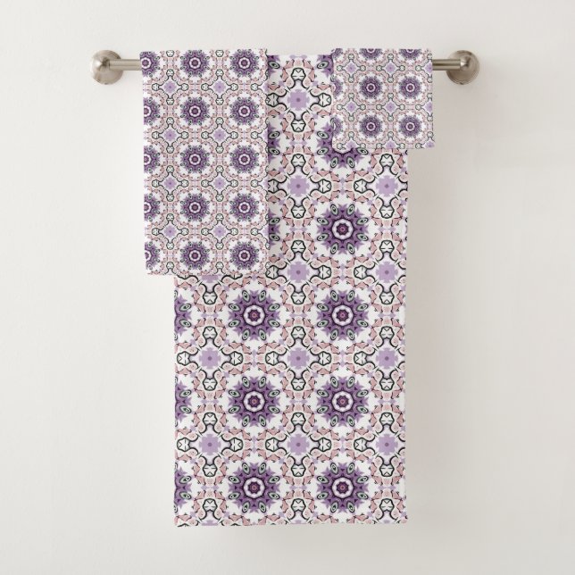 Purple, white and grey geometric mandala pattern  bath towel set (Insitu)