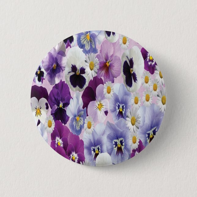 Purple, white and violet flowers background 6 cm round badge (Front)