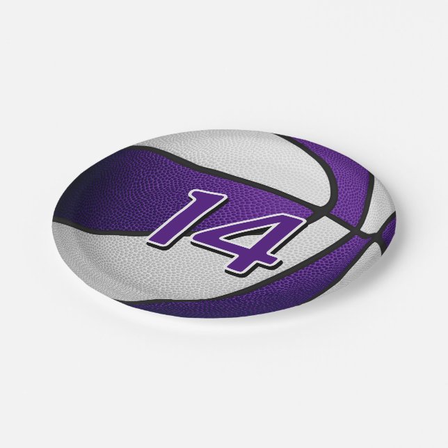purple white basketball birthday party paper plate (Angled)