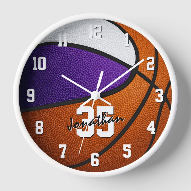 purple white basketball boys sports room decor clock (Front)