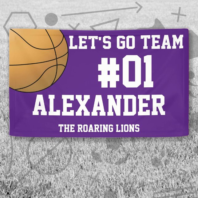 Purple White Basketball Team Spirit Banner (Purple and White Baseball Let's Go Team Banner. Celebrate your high school or college athlete.)