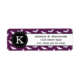 Purple White Bat Pattern Black Monogram Return Address Label