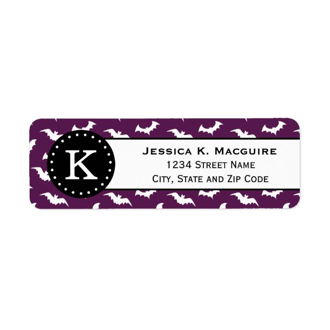 Purple White Bat Pattern Black Monogram Return Address Label (Front)