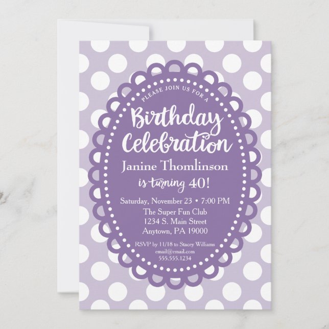 Purple White Birthday Invitation Adult Polka Dots (Front)