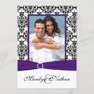 Purple, White, Black Damask Photo Wedding Invite