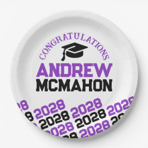 Purple White Black Half Repeat Grad Personalised Paper Plate