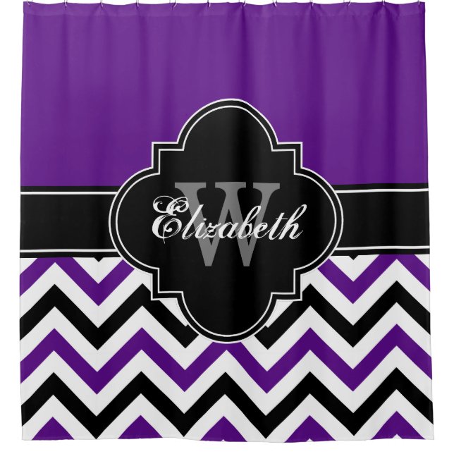 Purple White Black LG Chevron 1ICBR Name Monogram Shower Curtain (Front)