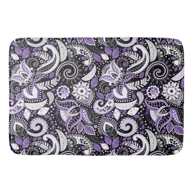 Purple White Black Paisley Print Pattern Bath Mat (Front)