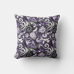 Purple White Black Paisley Print Pattern Cushion