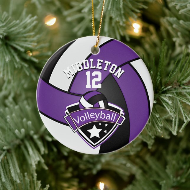 🏐 Purple, White & Black Personalise Volleyball Ceramic Tree Decoration (Tree)