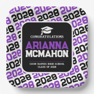 Purple, White & Black Personalised Graduation Pape Paper Plate